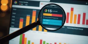 Rising bar chart with magnifying glass representing growth in online presence through search engine marketing.