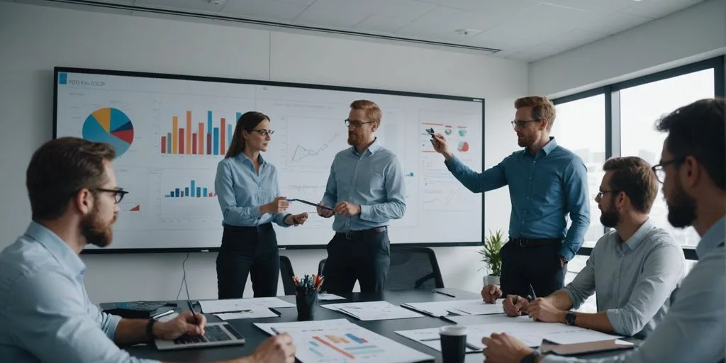 Marketing team brainstorming with charts and graphs in a modern office setting.