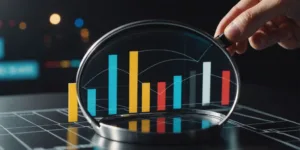 Bar graph showing business growth with magnifying glass highlighting data points, representing market research impact.