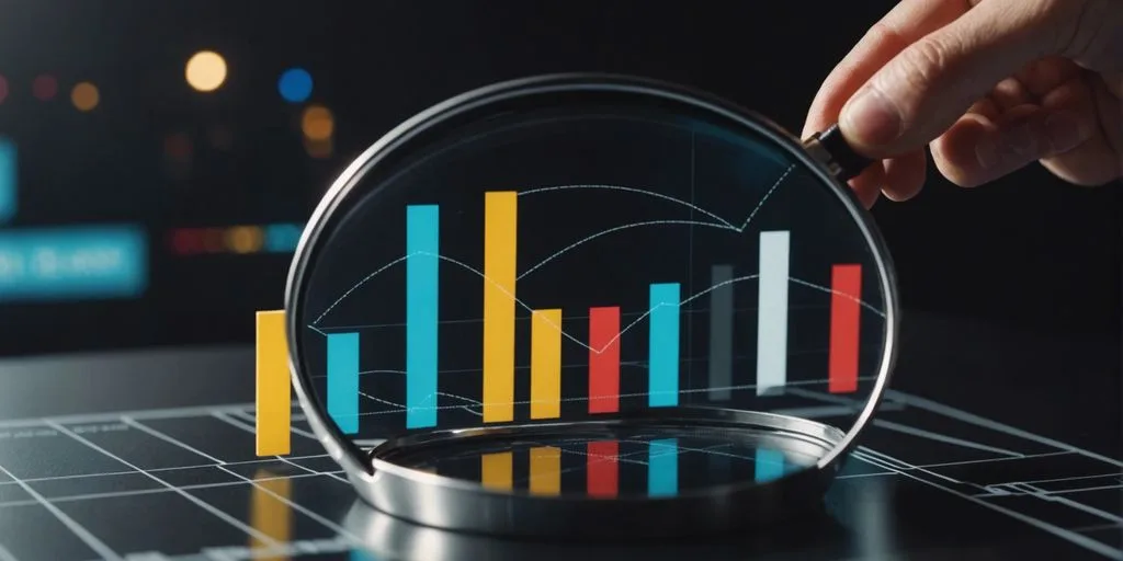 Bar graph showing business growth with magnifying glass highlighting data points, representing market research impact.