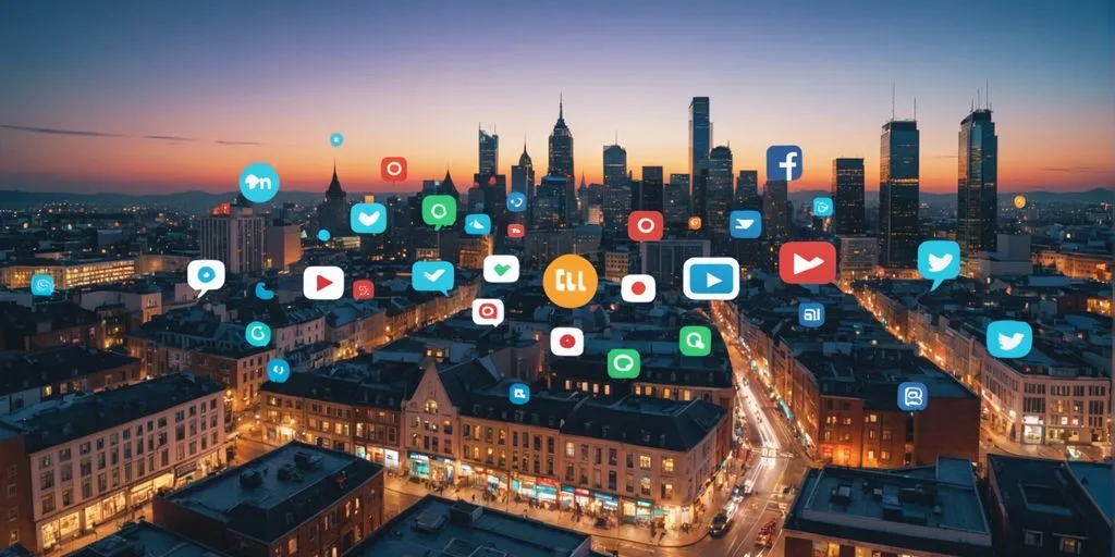 Cityscape with digital marketing icons representing SEO, social media, and email marketing for local business success.
