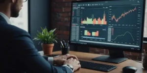 Digital marketing consultant analyzing data charts on a computer screen with marketing icons around.