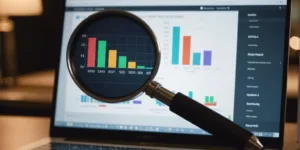 Graph with upward trend, magnifying glass highlighting a link, and laptop displaying SEO metrics to represent link building.