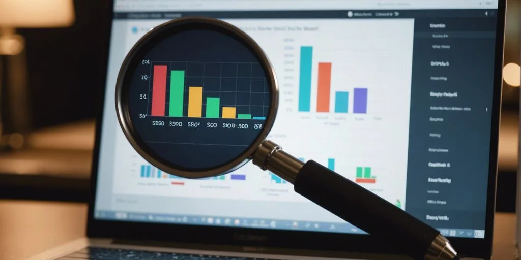 Graph with upward trend, magnifying glass highlighting a link, and laptop displaying SEO metrics to represent link building.