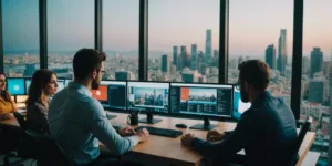 Digital marketing team collaborating in a modern Beirut office with city skyline view.